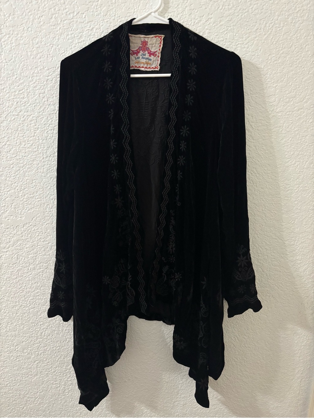 Black Velvet Open Front Embroidered Drape Cardigan